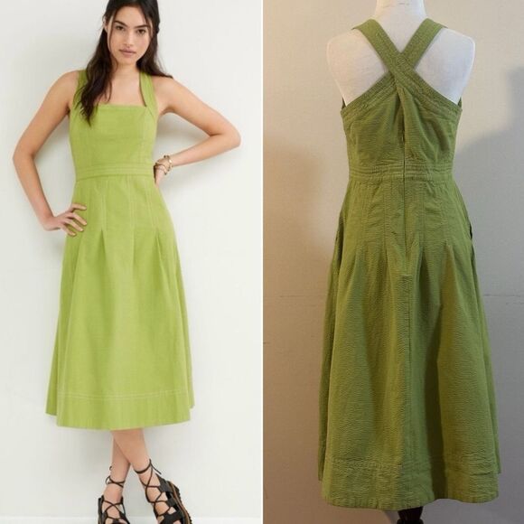 Anthropologie Maeve Green Alessandra Cross Back Midi Dress Size 8 - Picture 1 of 12